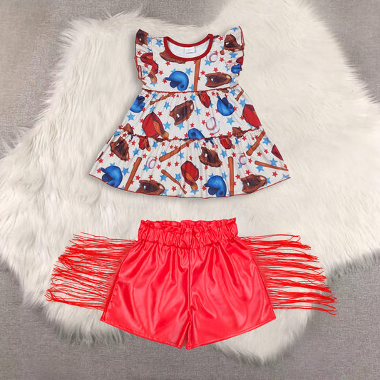 RTS NO MOQ（In Stock)  short-sleeved top shiny leather fringed shorts sets