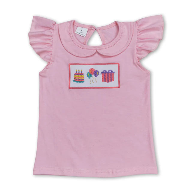 RTS NO MOQ GT0501+C13-15 Baby Girls Birthday Pink Flutter Sleeve Tee Shirts Tops Set