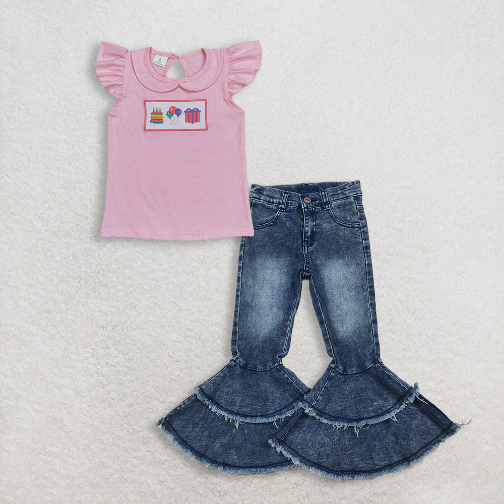 RTS NO MOQ GT0501+C5-15 Baby Girls Birthday Pink Flutter Sleeve Tee Shirts Tops Washed Blue Ruffle Detail Denim Jeans Set for Little Girls