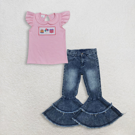 RTS NO MOQ GT0501+C5-15 Baby Girls Birthday Pink Flutter Sleeve Tee Shirts Tops Washed Blue Ruffle Detail Denim Jeans Set for Little Girls
