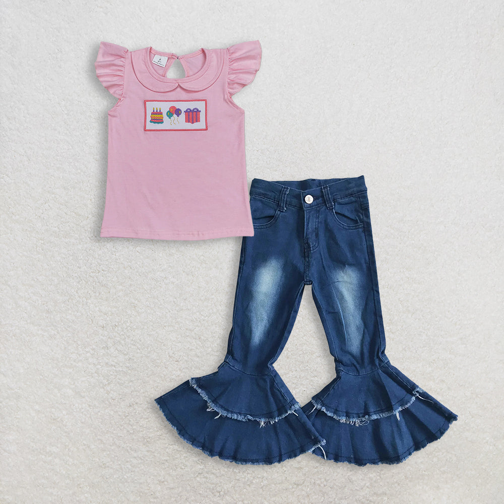 RTS NO MOQ GT0501+P0003 Baby Girls Birthday Pink Flutter Sleeve Tee Shirts Tops navy blue bleached double ruffle denim pants