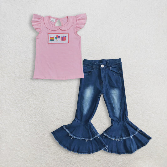 RTS NO MOQ GT0501+P0003 Baby Girls Birthday Pink Flutter Sleeve Tee Shirts Tops navy blue bleached double ruffle denim pants