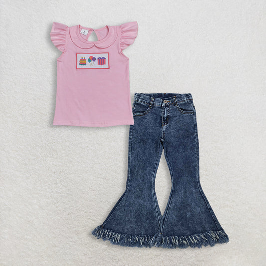 RTS NO MOQ GT0501 +P0132 Baby Girls Birthday Pink Flutter Sleeve Tee Shirts Tops Navy Tassel Denim Bell Pants