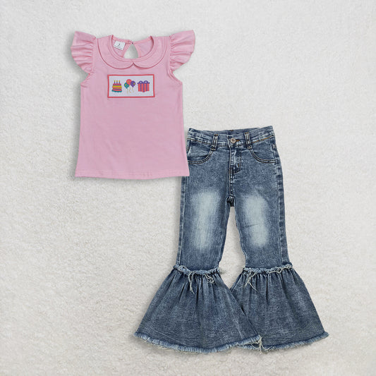 RTS NO MOQ GT0501+P0676 Baby Girls Birthday Pink Flutter Sleeve Tee Shirts Tops Navy Bleached Denim Flare Pants