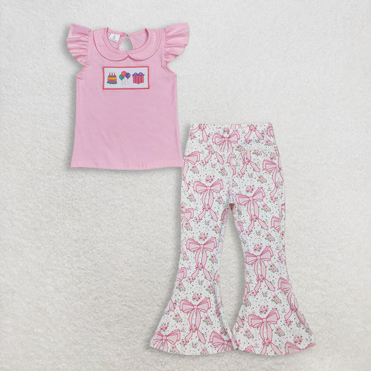 RTS NO MOQ GT0501+P0773 Baby Girls Birthday Pink Flutter Sleeve Tee Shirts Tops And Pink Floral Bows Bell Bottom Yoga Active Pants