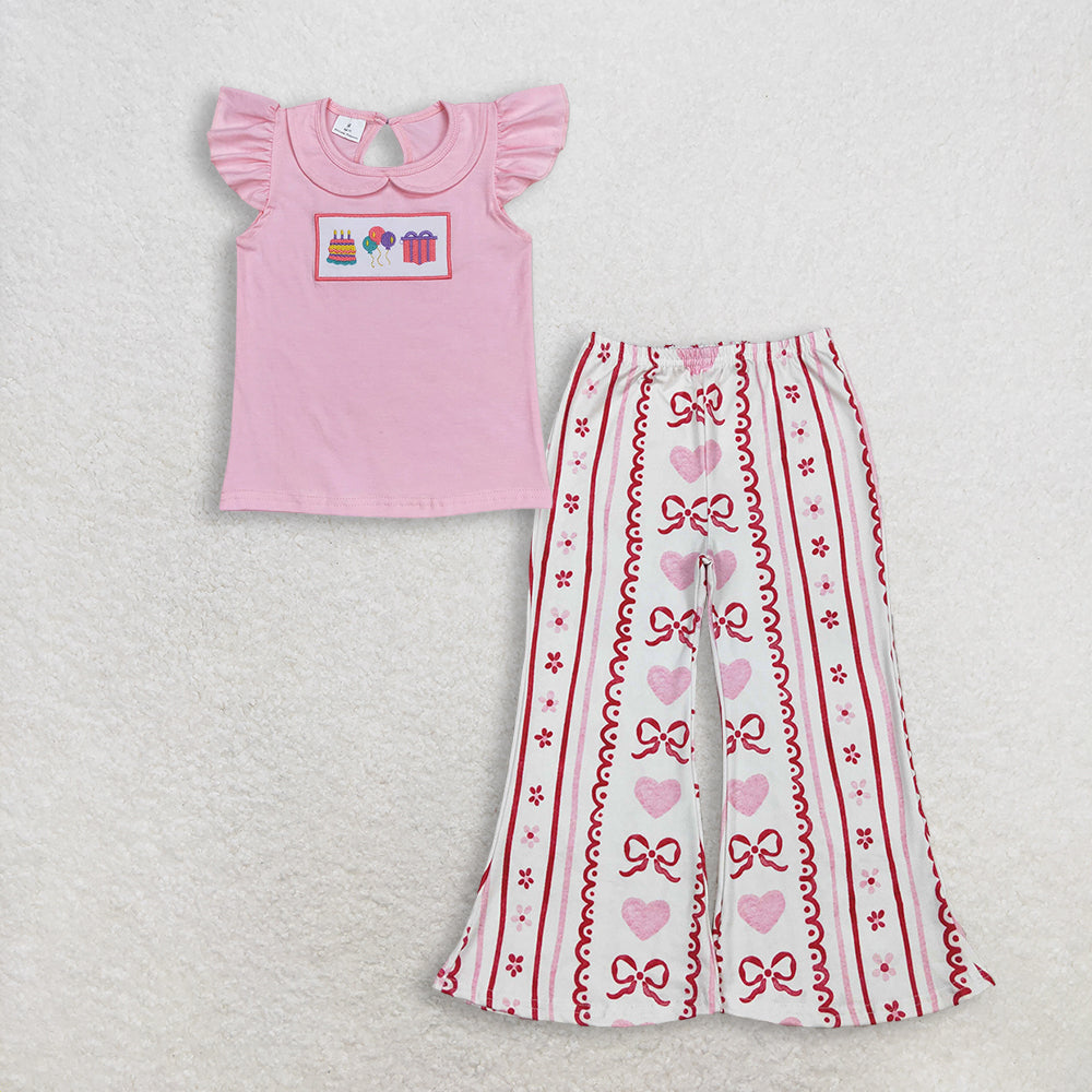 RTS NO MOQ GT0501+P0894 Baby Girls Birthday Pink Flutter Sleeve Tee Shirts Tops And Bows Hearts Flowers Stripe Valentines Pants Bottom
