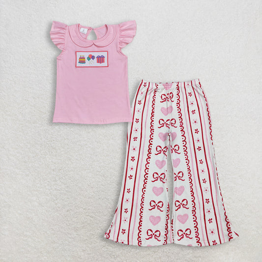 RTS NO MOQ GT0501+P0894 Baby Girls Birthday Pink Flutter Sleeve Tee Shirts Tops And Bows Hearts Flowers Stripe Valentines Pants Bottom