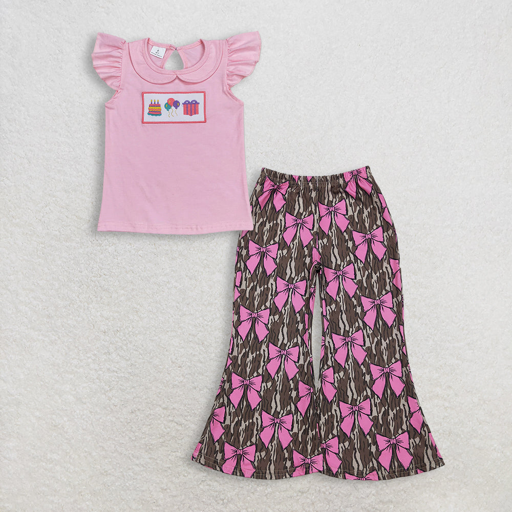 RTS NO MOQ GT0501+P0896 Baby Girls Birthday Pink Flutter Sleeve Tee Shirts Tops And Camo Pink Bows Pants Bottoms