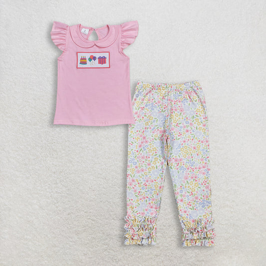 RTS NO MOQ GT0501+P1005 Baby Girls Birthday Pink Flutter Sleeve Tee Shirts Tops And Flowers Ruffle Legging Pants