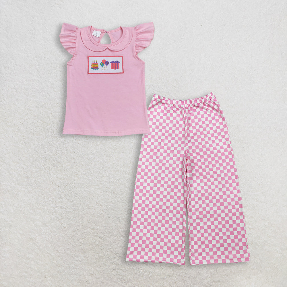 RTS NO MOQ GT0501+P1018 Baby Girls Birthday Pink Flutter Sleeve Tee Shirts Tops And Pink Checked Pants Bottom