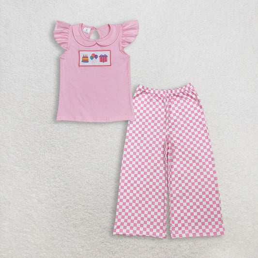 RTS NO MOQ GT0501+P1018 Baby Girls Birthday Pink Flutter Sleeve Tee Shirts Tops And Pink Checked Pants Bottom