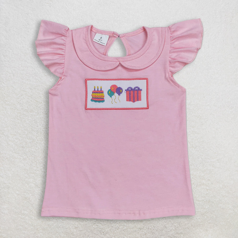 RTS NO MOQ GT0501+P1018 Baby Girls Birthday Pink Flutter Sleeve Tee Shirts Tops And Pink Checked Pants Bottom