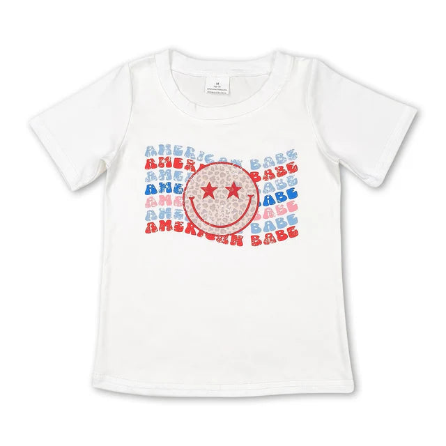 RTS NO MOQ GT0502+B17-13 Baby Boys Girls White 4th Of July American Babe Smile Short Sleeve Tee Shirts Tops Short Set