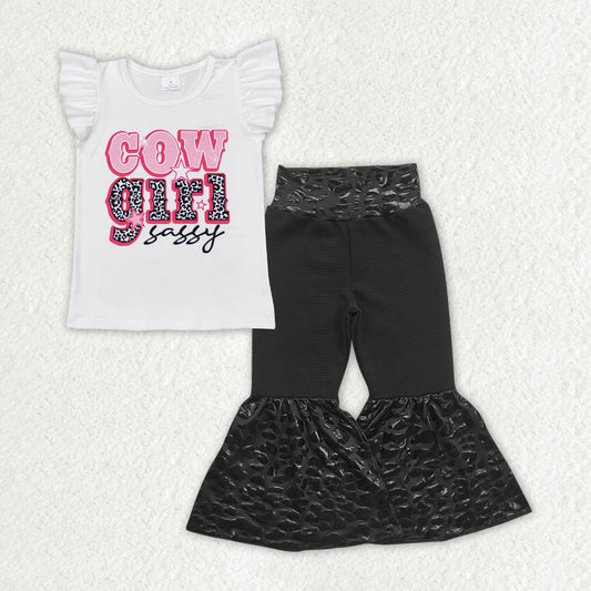 RTS NO MOQ ETA 5/7days Arrived GT0504+P0221 cowgirl sassy letter white lace sleeve top leopard print flared black trousers