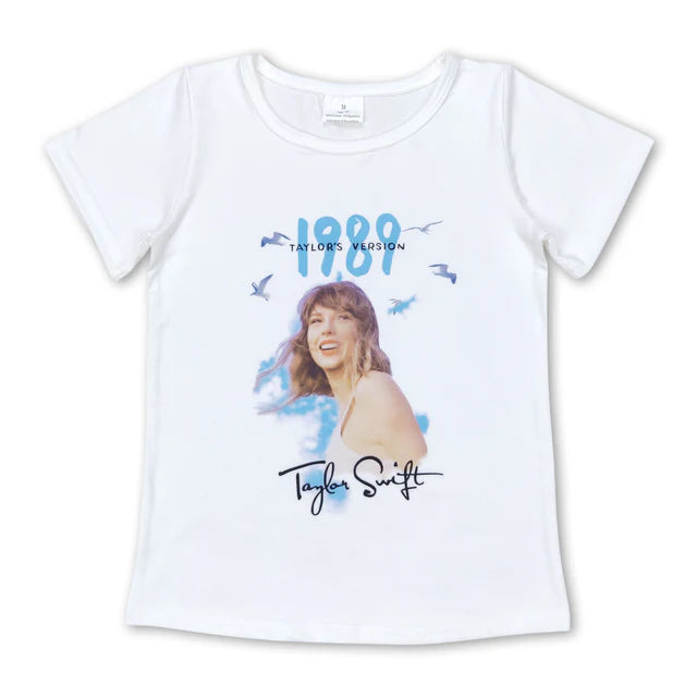 RTS NO MOQ milk silk GT0531+SS0183 Baby Girls 1989 White Singer Short Sleeve Tee Shirts Tops Ruffle Shorts Set
