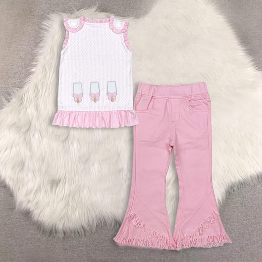 6/12m-6/7t RTS NO MOQ（In Stock) baby girls clothes bow floral short-sleeved top demin pants set