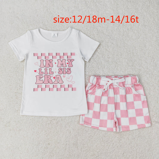 rts no moq GT0557+SS0258 in my lil sis era letter pink and white plaid short sleeve top shorts