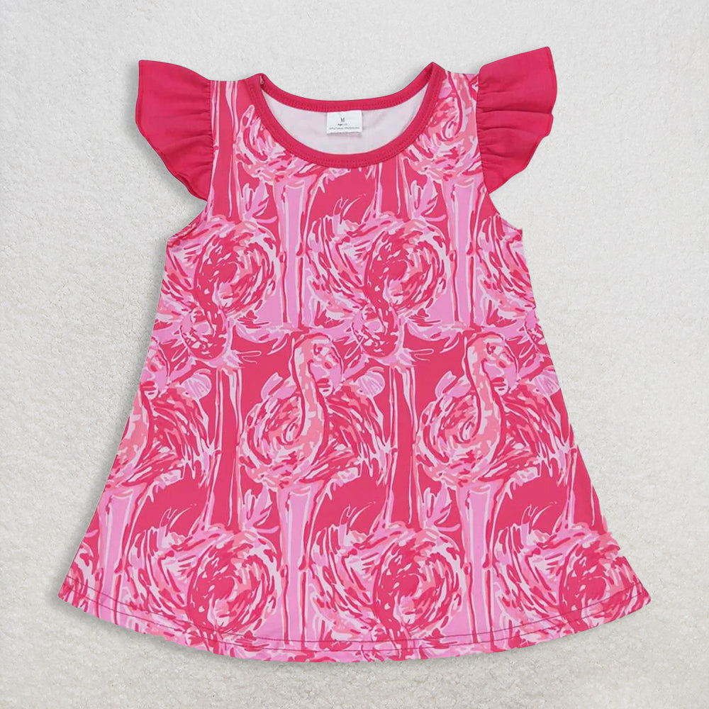 RTS NO MOQ GT0565+P1018 Baby Girls Pink Flamingo Flutter Sleeve Tunic Tops And Pink Checked Pants Bottom