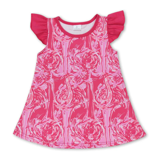 RTS NO MOQ milk silk GT0565+A14-14 Baby Girls Pink Flamingo Flutter Sleeve Tunic Tops Ruffle Shorts Set