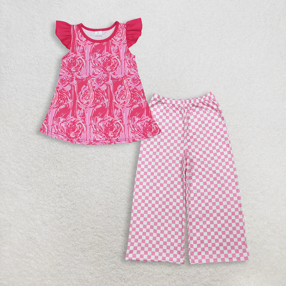 RTS NO MOQ GT0565+P1018 Baby Girls Pink Flamingo Flutter Sleeve Tunic Tops And Pink Checked Pants Bottom