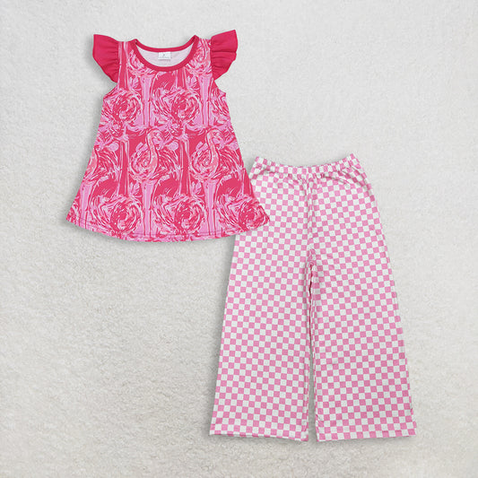 RTS NO MOQ GT0565+P1018 Baby Girls Pink Flamingo Flutter Sleeve Tunic Tops And Pink Checked Pants Bottom
