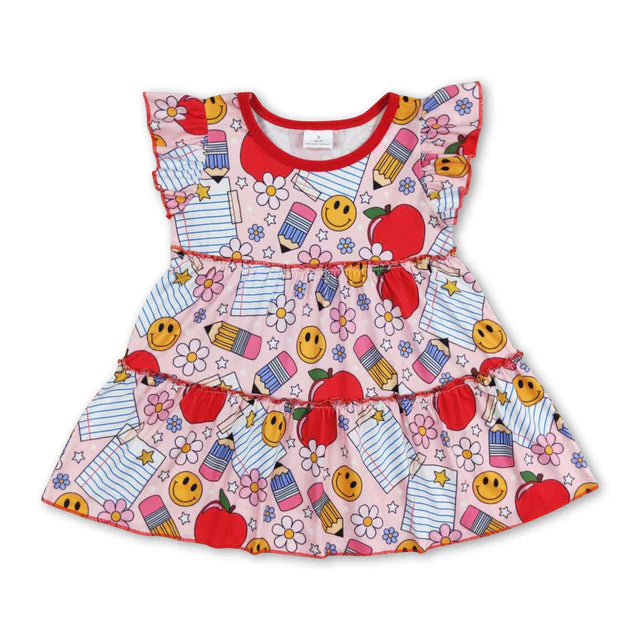 RTS NO MOQ GT0575S+SS0184 Baby Girls Back To School Apples Flowers Flutter Sleeve Tunic Tops Set