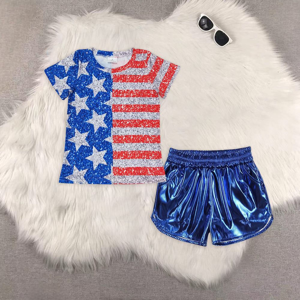 RTS NO MOQ Sibling Girls Boys cheers 4th of july short sleeve Clothes Sets and top and shorts
