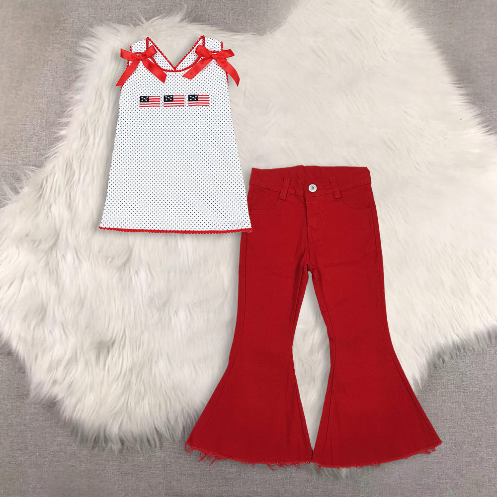 RTS NO MOQ（In Stock) flag short-sleeved top denim jeans set