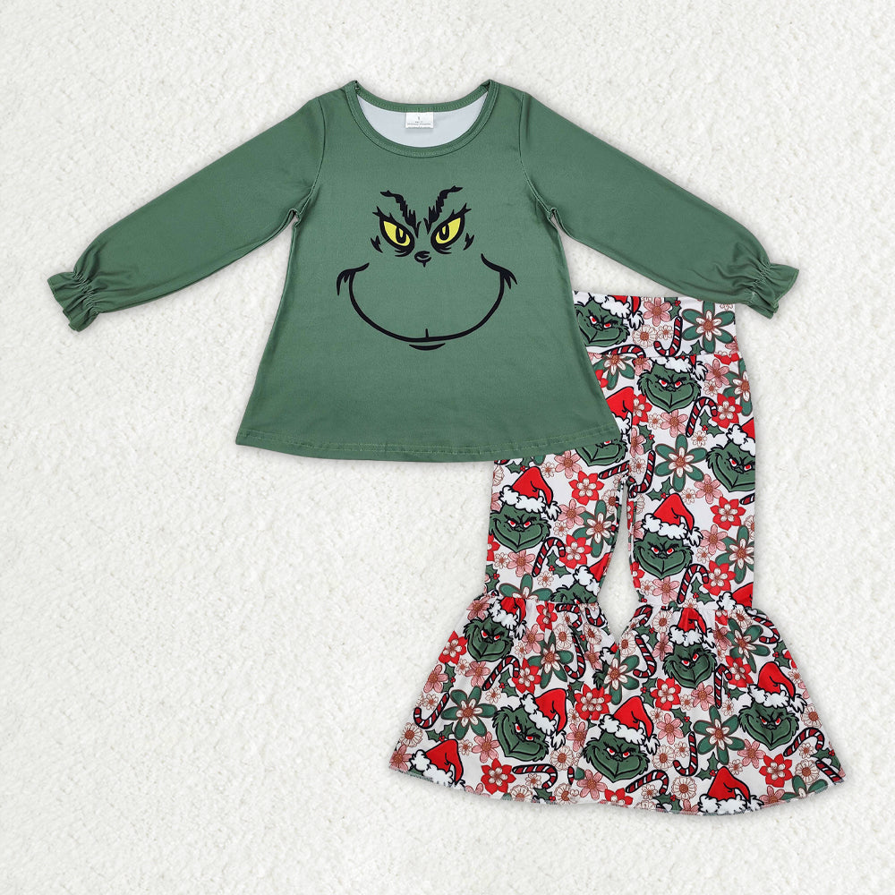 RTS NO MOQ ETA 5/7days Arrived GT0610+P0631 Cute Clothes girls green long-sleeved top flower trousers sets