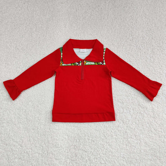 rts no moq GT0611 Grinch puppy Christmas tree lace green stripe red zipper long sleeve top