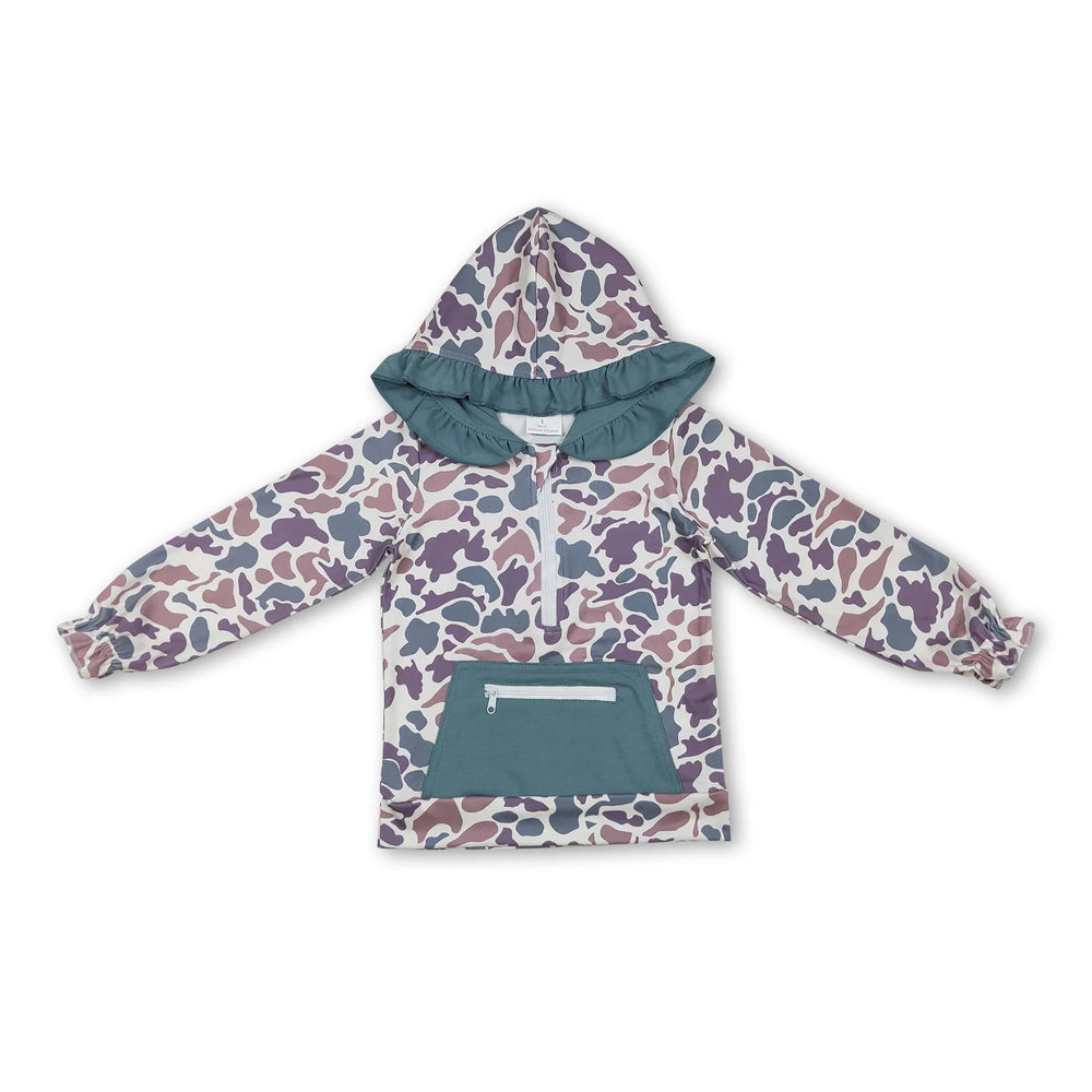RTS NO MOQ Sibling milk silk Embroidery Baby Girls Camo Half Zip Long Sleeve Hooded Ruffle Hem Top