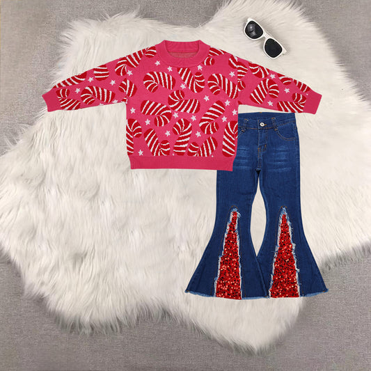 RTS NO MOQ（In Stock ) GT0665+P0532 baby girl clothes Christmas long-sleeved sweater denim trousers set