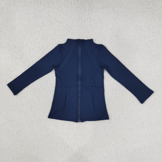 NEW RTS NO MOQ yoga fabric cotton GT0677 Yoga Girls Navy Blue Zip  Long Sleeve Yoga Top