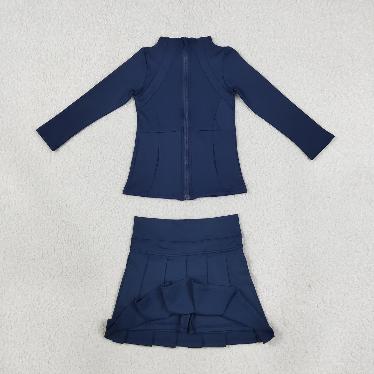 NEW RTS NO MOQ yoga fabric cotton GLD1705（GT0677+GLK0122）Baby Girls Navy Zip Pockets Jacket Top Pleated Skirt Short Yoga Active Casual Clothes Set