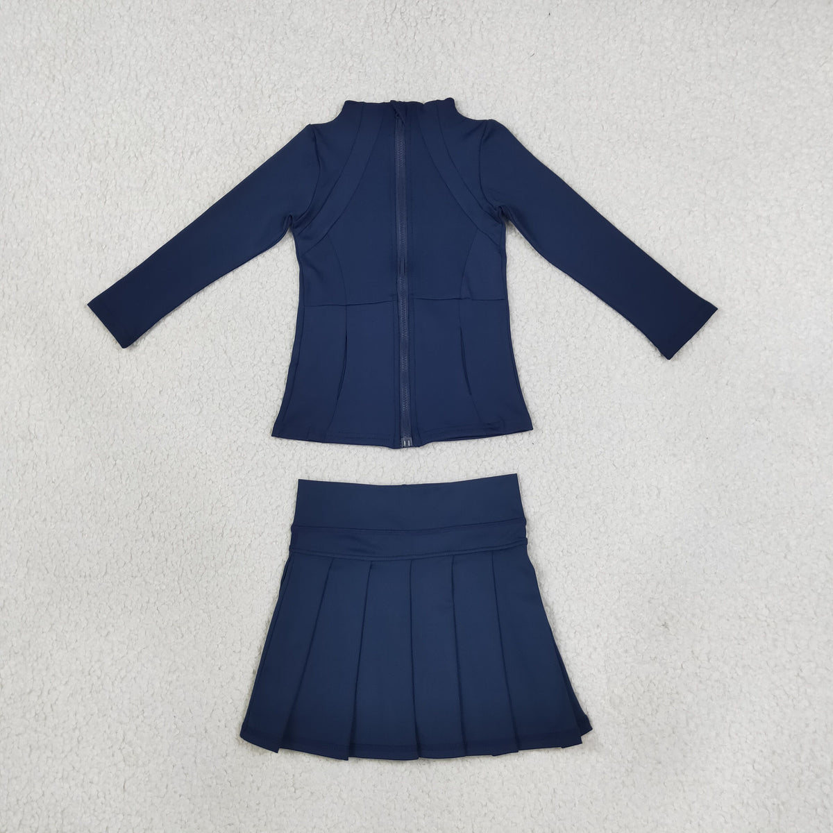 NEW RTS NO MOQ yoga fabric cotton GLD1705(GT0677+GLK0122) Toddler Girls Navy Blue Zip  Long Sleeve Top Skorts Bottom Pleated Skirts Yoga Set