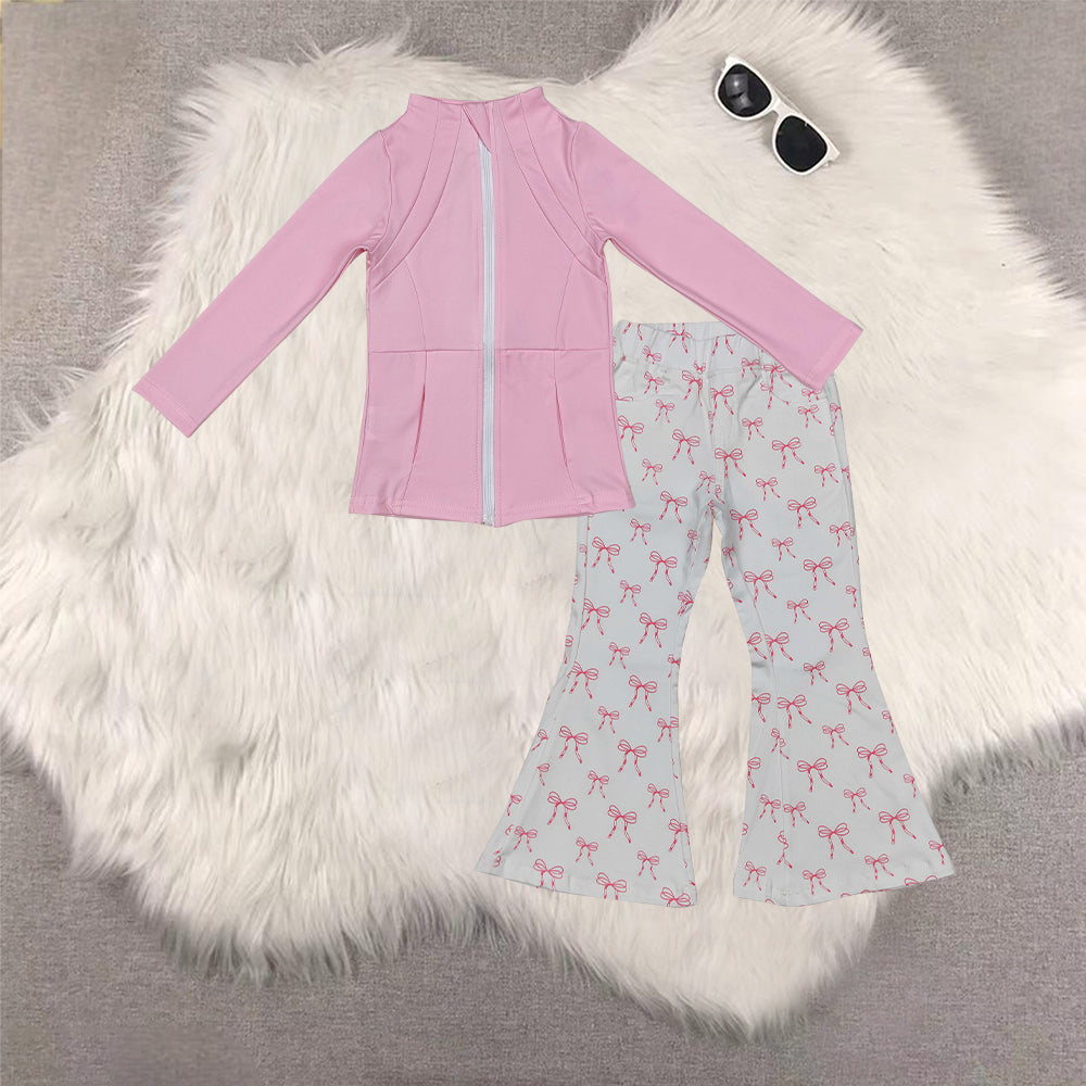 RTS NO MOQ（In Stock) GT0683+P0732 yoga pink zipper long sleeve top bow denim pants sets