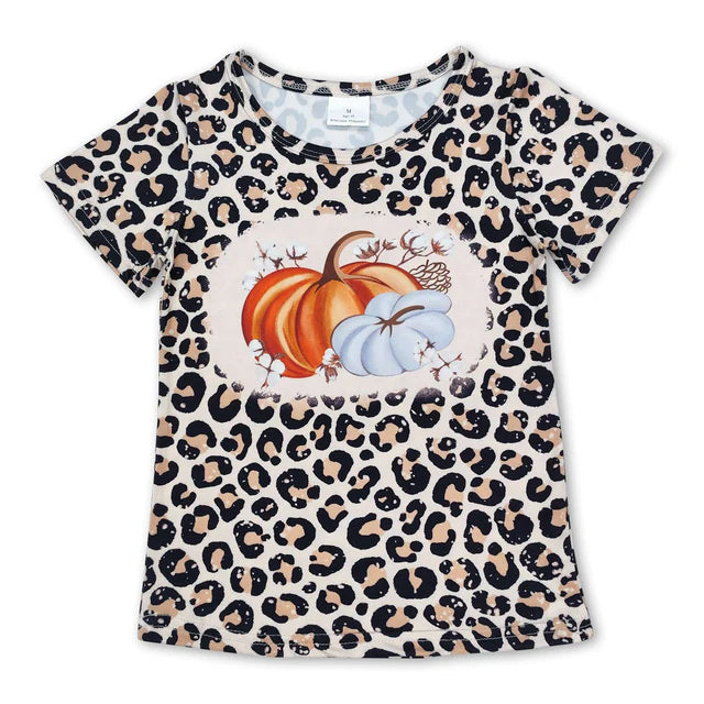 RTS NO MOQ GT0688+SS0068 Baby Girls Leopard Pumpkins Short Sleeve Tee Shirts Tops Set