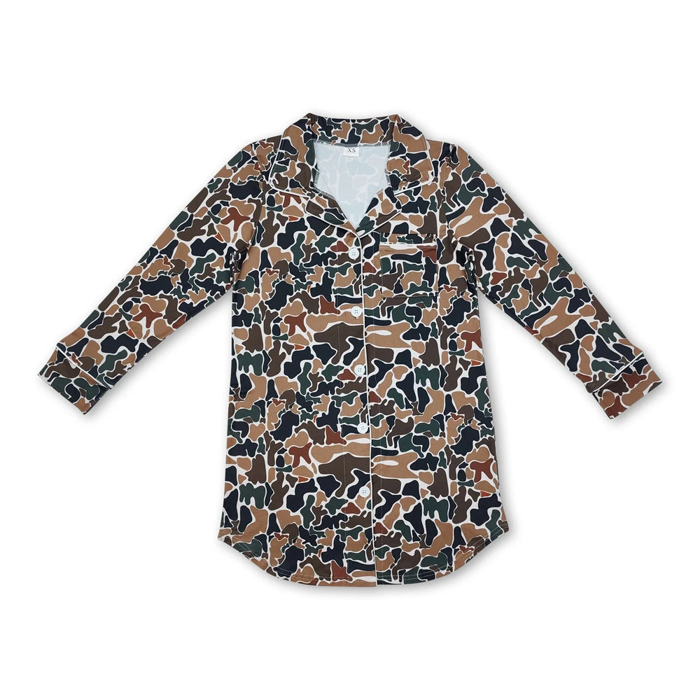 RTS NO MOQ Sibling milk silk Adult Women Camo Print Button Front Top Fall Casual Pajama Wear