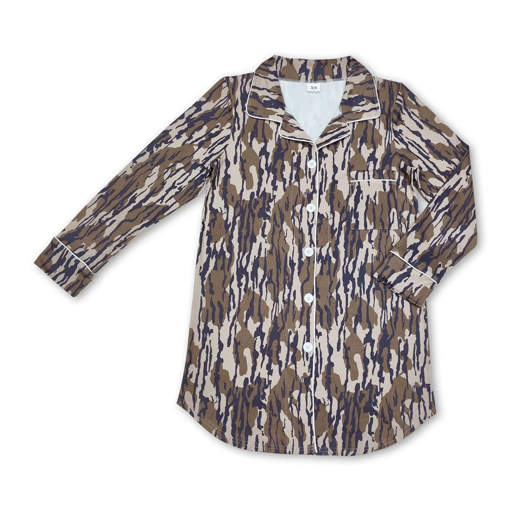 RTS NO MOQ Sibling milk silk Adult Women Camo Print Button Front Top Fall Casual Pajama Wear