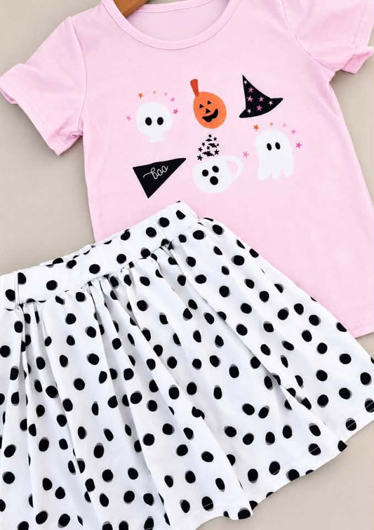 RTS NO MOQ ETA 5/7days GT0698+GLK0031 Halloween ghost pumpkin pink short-sleeved top Black polka dot white skirt sets