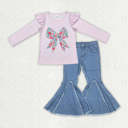 RTS NO MOQ ETA 5/7days arrived GT0699+D6-29 Flower floral bow pattern pink lace long-sleeved top Button blue flared trousers sets