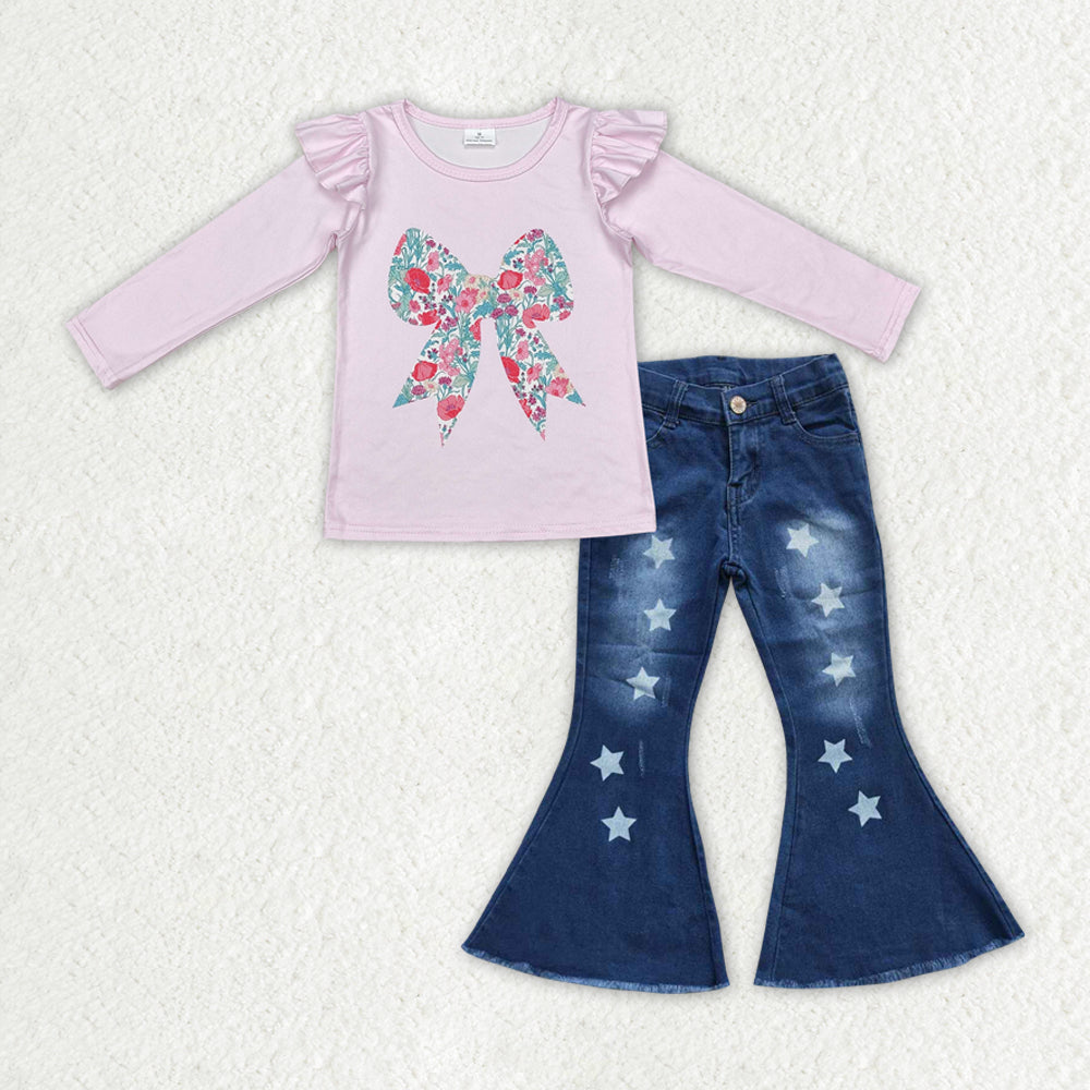 RTS NO MOQ ETA 5/7days arrived GT0699+P0127 Flower bow pattern pink lace long-sleeved top Star blue denim trousers sets