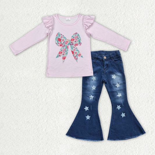 RTS NO MOQ ETA 5/7days arrived GT0699+P0127 Flower bow pattern pink lace long-sleeved top Star blue denim trousers sets