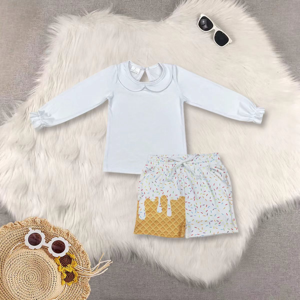 RTS NO MOQ Sibling baby girls boys clothes white long sleeve shorts sets