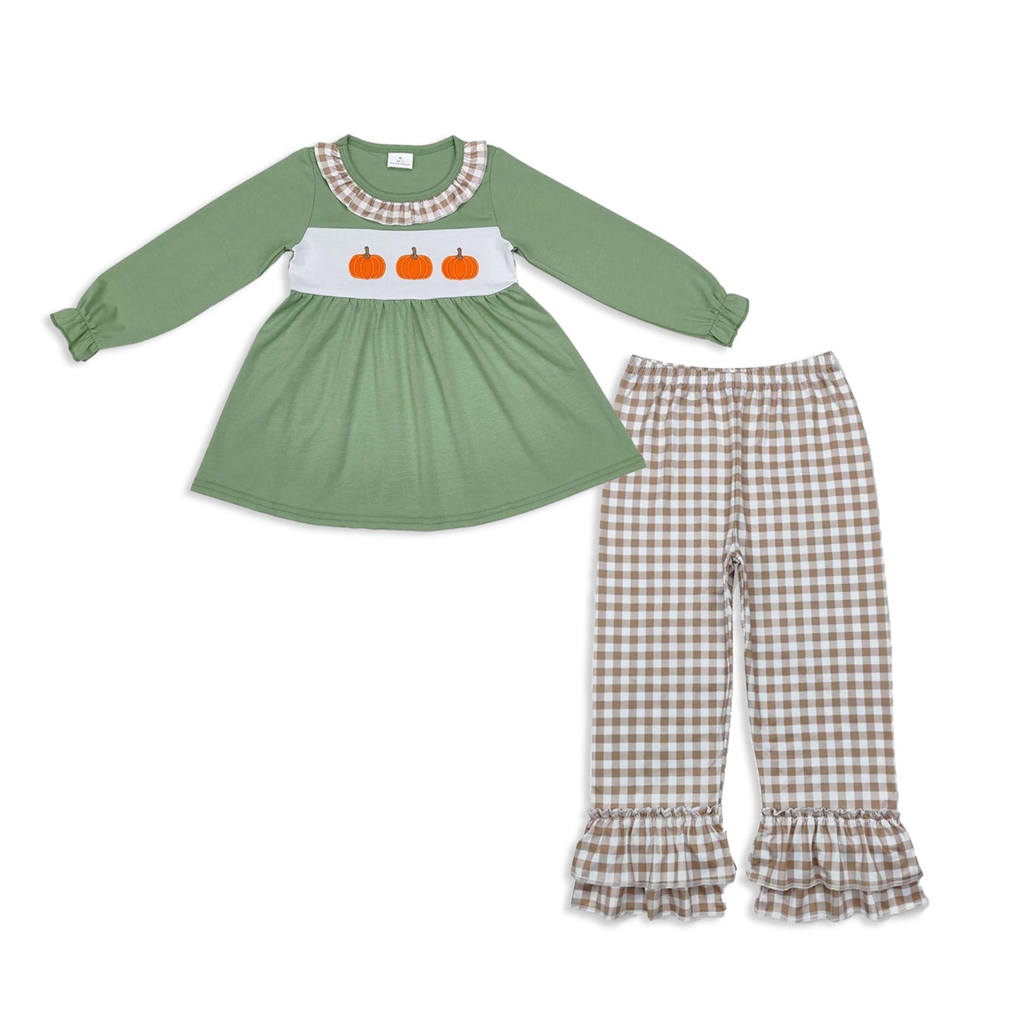 RTS NO MOQ Sibling Baby girls clothes Embroidery pumpkin long-sleeved trousers suit & tops and romper