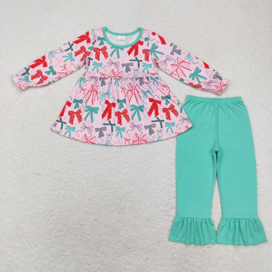 rts no moq GT0721+P0611 Bow pattern pink long-sleeved top Green lace trousers set