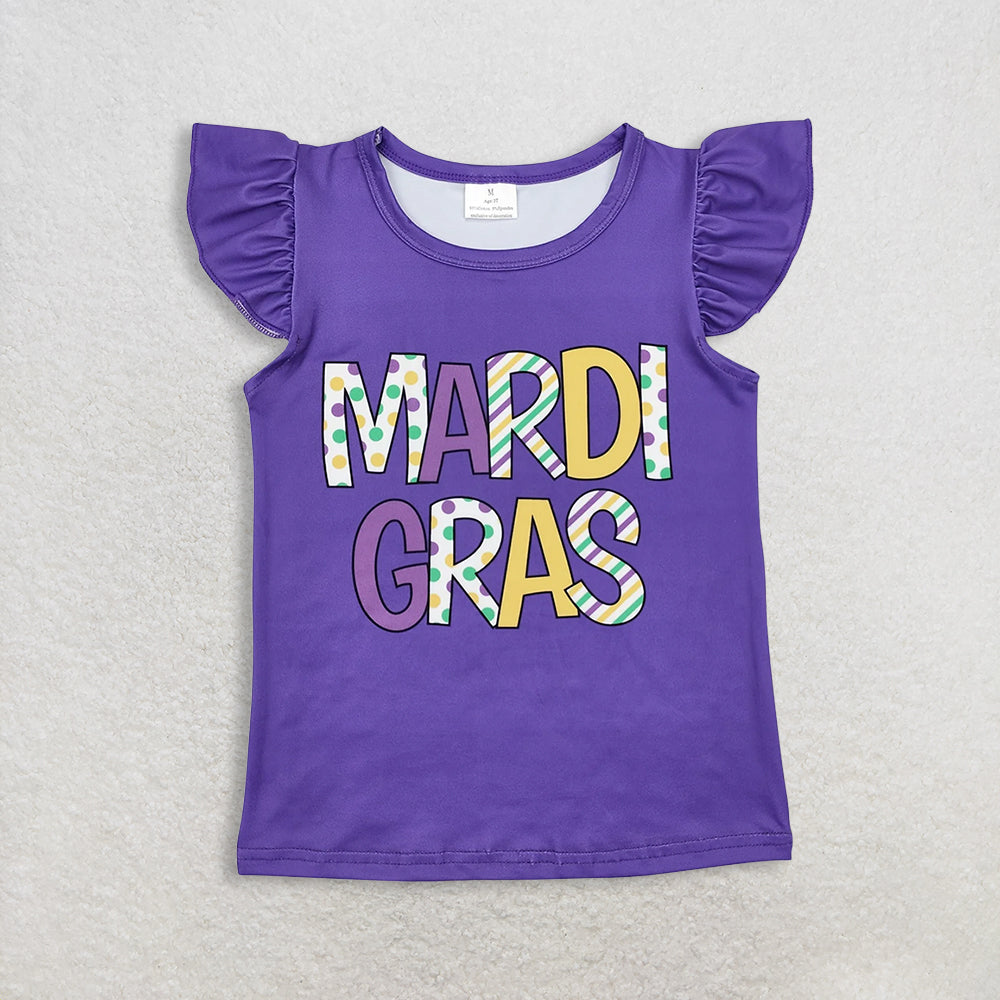 RTS NO MOQ GT0814+P0132 Baby Girls Mardi Gras Purple Ruffle Tee Shirt Top Navy Tassel Denim Bell Pants