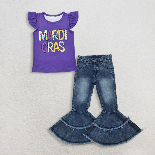 RTS NO MOQ GT0814+C5-15 Baby Girls Mardi Gras Purple Ruffle Tee Shirt Top Washed Blue Denim Jeans Outfit Set for Infants