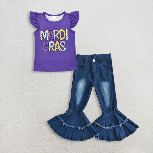 RTS NO MOQ GT0814+P0003 Baby Girls Mardi Gras Purple Ruffle Tee Shirt Top navy blue bleached double ruffle denim pants