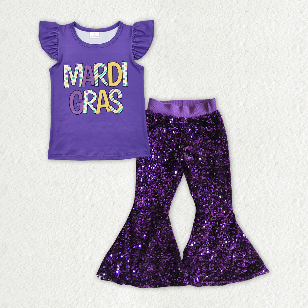 RTS NO MOQ ETA 5/7days Arrived GT0814+P0032 Mardi gras purple flying sleeve top sequin trousers sets